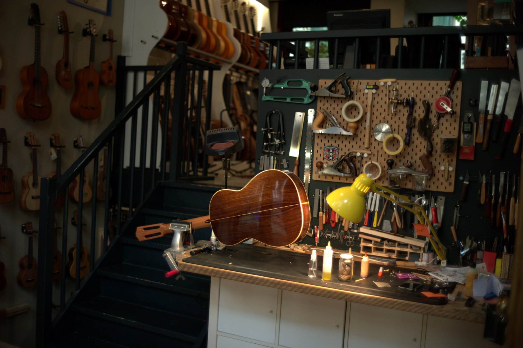 A guitar in progress on Ahmad's workbench at Casa Guitarra