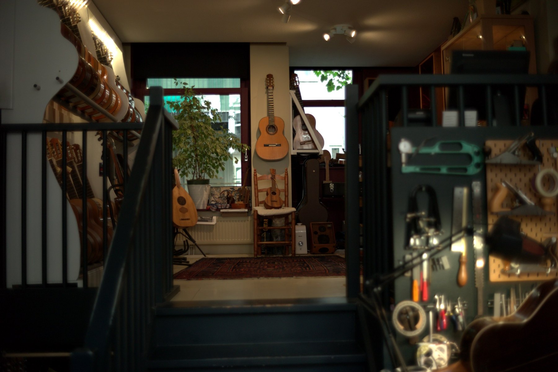 A view through the stairs into the Casa Guitarra shop in Amsterdam